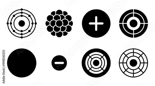 collection of atom structure, 6 filled black minimal icon vector set , white background , PNG and SVG isolate