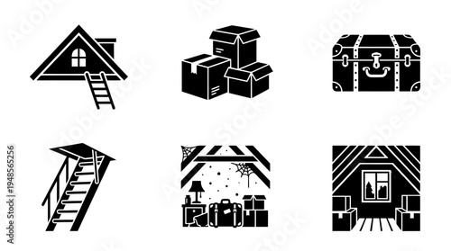 collection of attic, 6 filled black minimal icon vector set , white background , PNG and SVG isolate