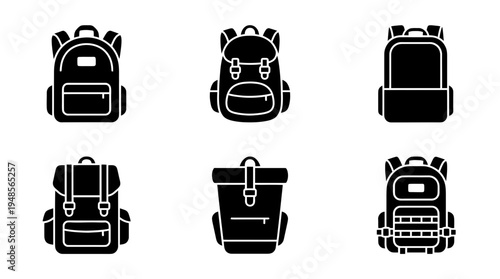 collection of backpack, 6 filled black minimal icon vector set , white background , PNG and SVG isolate