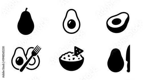 collection of avocado, 6 filled black minimal icon vector set , white background , PNG and SVG isolate