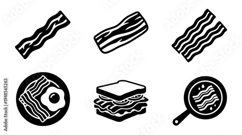 collection of bacon, 6 filled black minimal icon vector set , white background , PNG and SVG isolate