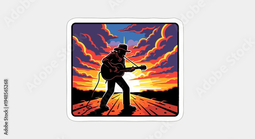Lone musician on a country road at sunset, playing an acoustic guitar.