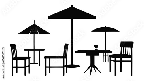 Black silhouettes of outdoor cafe furniture including three patio tables with umbrellas and two slatted chairs with a glass on one table.