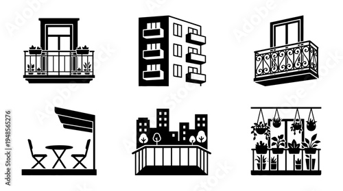 collection of balcony, 6 filled black minimal icon vector set , white background , PNG and SVG isolate