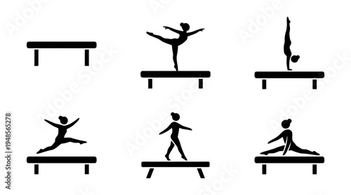 collection of balance beam, 6 filled black minimal icon vector set , white background , PNG and SVG isolate