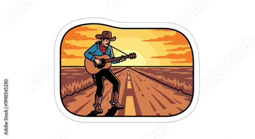 Cowboy playing guitar on a desert road at sunset