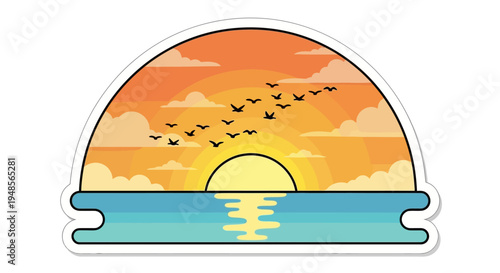 Vector sticker of a tropical sunset over the ocean with flying birds