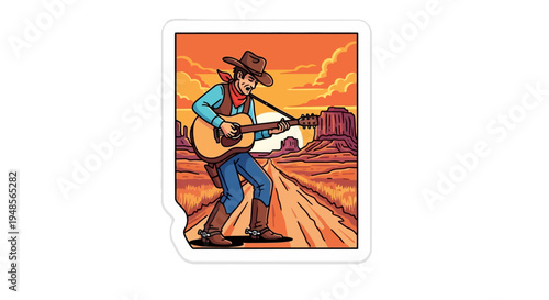 A cowboy musician plays guitar on a desert road at sunset.