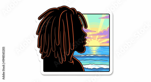 Silhouette of a man with dreadlocks looking at a colorful sunset over the ocean