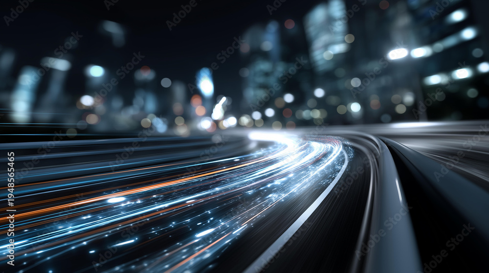 Fototapeta premium Dynamic light trails racing across a futuristic digital highway, rapid data flow, high-speed connectivity, technological progress, smart infrastructure, urban innovation,