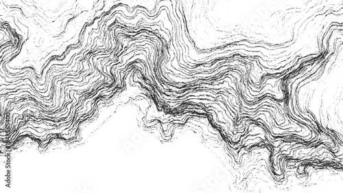 Abstract monochrome topographic map contour lines with textured ink strokes and speckles black white