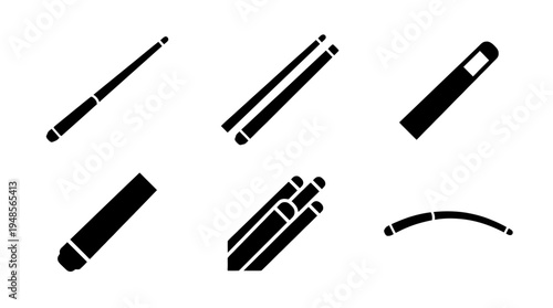 collection of billiard cue, 6 filled black minimal icon vector set , white background , PNG and SVG isolate