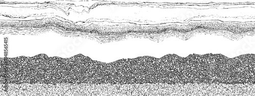 Black and white cross section of geological strata with wavy lines and granular textures