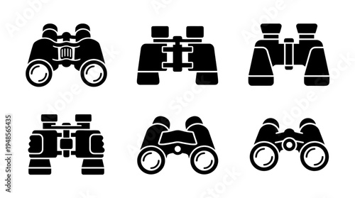 collection of binoculars, 6 filled black minimal icon vector set , white background , PNG and SVG isolate