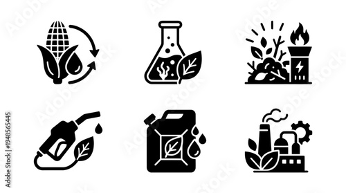 collection of bio fuel, 6 filled black minimal icon vector set , white background , PNG and SVG isolate