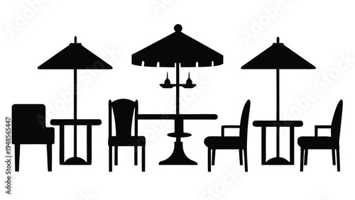 A row of black silhouettes depicting various outdoor patio furniture sets with fringed umbrellas and different chairs on a white background.