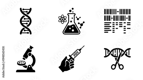 collection of biohacking dna, 6 filled black minimal icon vector set , white background , PNG and SVG isolate