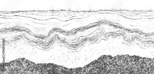 Abstract black and white layered geological strata with textured mountain range