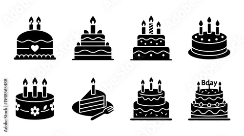 collection of birthday cake, 6 filled black minimal icon vector set , white background , PNG and SVG isolate