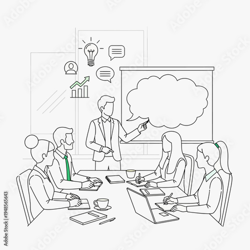 A business meeting in progress with a presenter pointing at a whiteboard, surrounded by attentive colleagues discussing ideas and strategies.