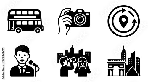 collection of bus tour, 6 filled black minimal icon vector set , white background , PNG and SVG isolate