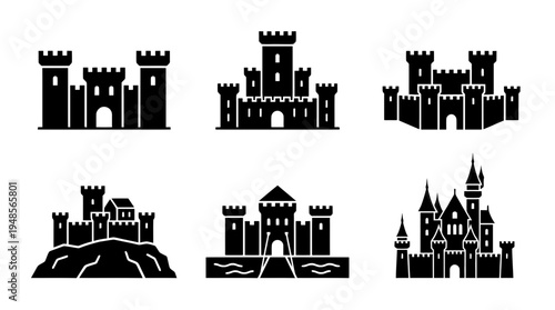 collection of castle, 6 filled black minimal icon vector set , white background , PNG and SVG isolate