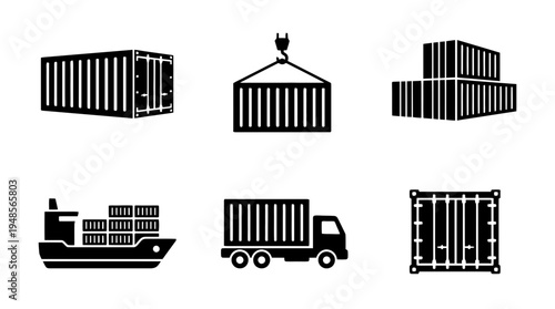 collection of cargo container, 6 filled black minimal icon vector set , white background , PNG and SVG isolate