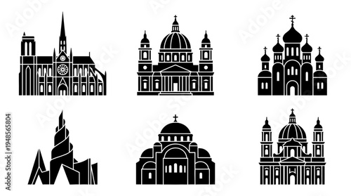 collection of cathedral, 6 filled black minimal icon vector set , white background , PNG and SVG isolate