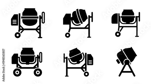 collection of cement mixer, 6 filled black minimal icon vector set , white background , PNG and SVG isolate