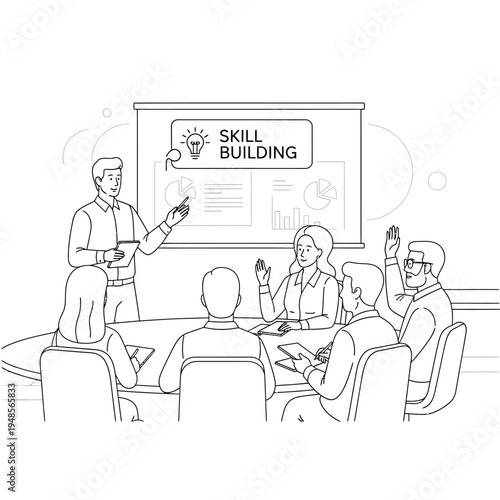 A business trainer leads a skill-building workshop, engaging participants who raise their hands to ask questions.