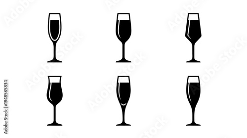 collection of champagne flute, 6 filled black minimal icon vector set , white background , PNG and SVG isolate