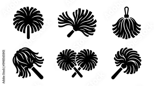 collection of cheerleading pompom, 6 filled black minimal icon vector set , white background , PNG and SVG isolate