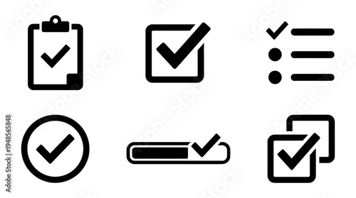 collection of checklist, 6 filled black minimal icon vector set , white background , PNG and SVG isolate