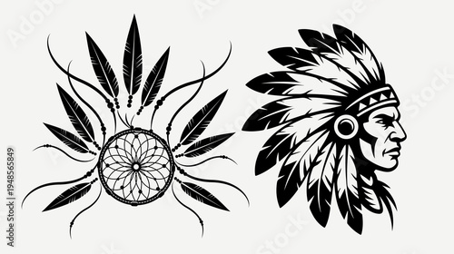 Profile of an Indian chief with a feather headdress and a tribal dreamcatcher symbol.