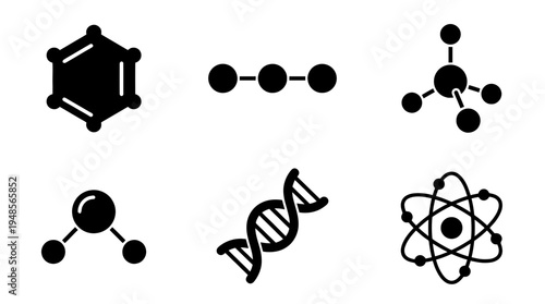 collection of chemical formula, 6 filled black minimal icon vector set , white background , PNG and SVG isolate
