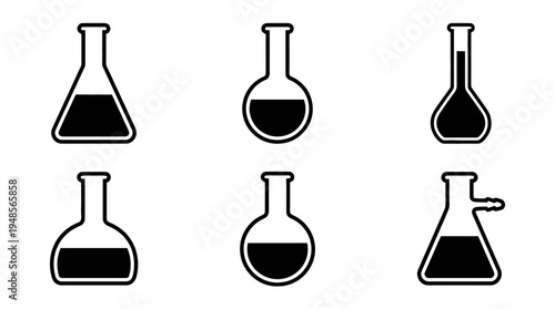 collection of chemical flask, 6 filled black minimal icon vector set , white background , PNG and SVG isolate