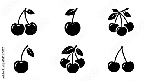 collection of cherry, 6 filled black minimal icon vector set , white background , PNG and SVG isolate