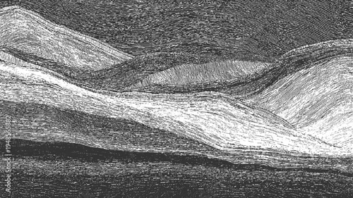 Abstract monochrome depiction of layered geological strata with undulating contours and fine linear textures