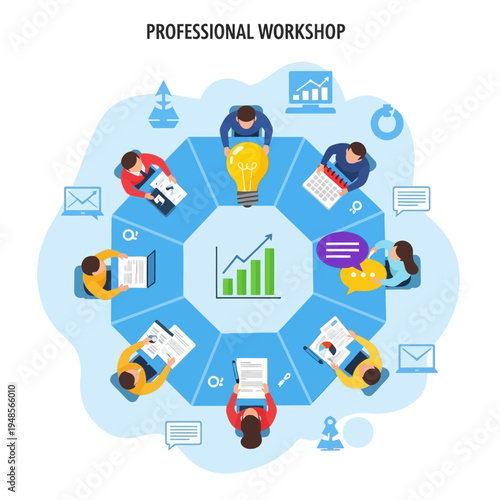 Top-down view of a professional workshop with people collaborating around a central table, discussing ideas and analyzing data.