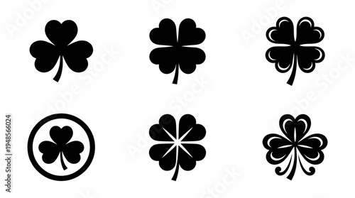 collection of clover, 6 filled black minimal icon vector set , white background , PNG and SVG isolate