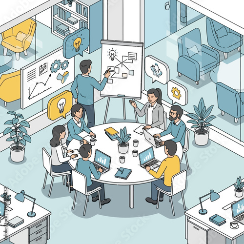 A diverse team collaborates in a modern office setting, brainstorming ideas around a conference table with laptops and a whiteboard presentation.