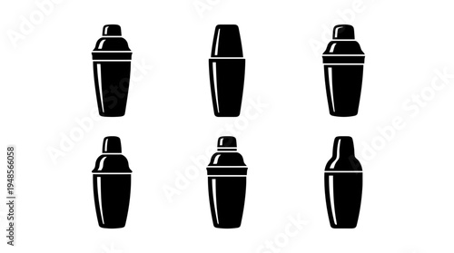 collection of cocktail shaker, 6 filled black minimal icon vector set , white background , PNG and SVG isolate