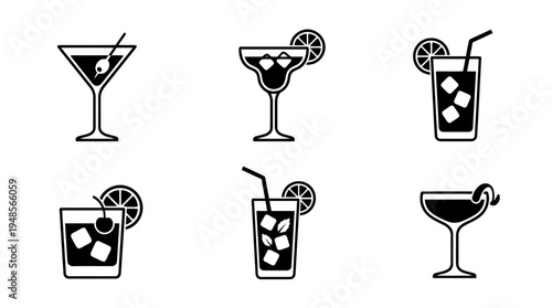 collection of cocktail drink, 6 filled black minimal icon vector set , white background , PNG and SVG isolate