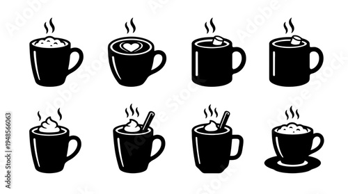 collection of cocoa mug, 6 filled black minimal icon vector set , white background , PNG and SVG isolate