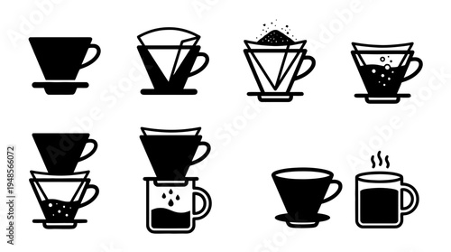 collection of coffee dripper, 6 filled black minimal icon vector set , white background , PNG and SVG isolate