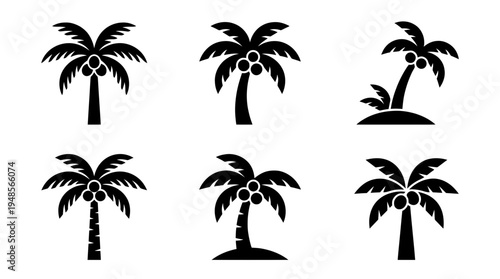 collection of coconut tree, 6 filled black minimal icon vector set , white background , PNG and SVG isolate