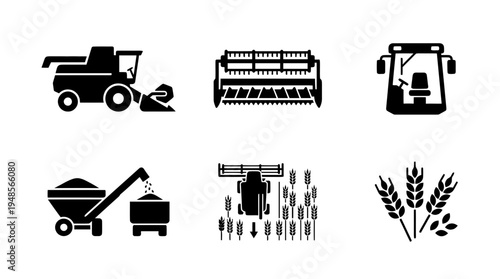 collection of combine harvester, 6 filled black minimal icon vector set , white background , PNG and SVG isolate