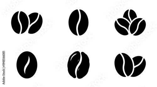 collection of coffee beans, 6 filled black minimal icon vector set , white background , PNG and SVG isolate