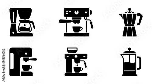 collection of coffee machine, 6 filled black minimal icon vector set , white background , PNG and SVG isolate