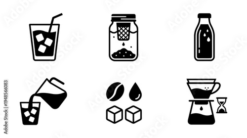 collection of cold brew, 6 filled black minimal icon vector set , white background , PNG and SVG isolate
